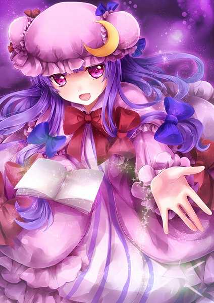 Anime picture 707x1000 with touhou patchouli knowledge sakura ran single long hair tall image looking at viewer open mouth purple eyes purple hair girl dress bow hair bow book (books) bonnet