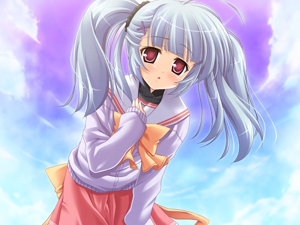 Anime picture 1200x900 with gakuto (game) red eyes twintails game cg grey hair girl serafuku