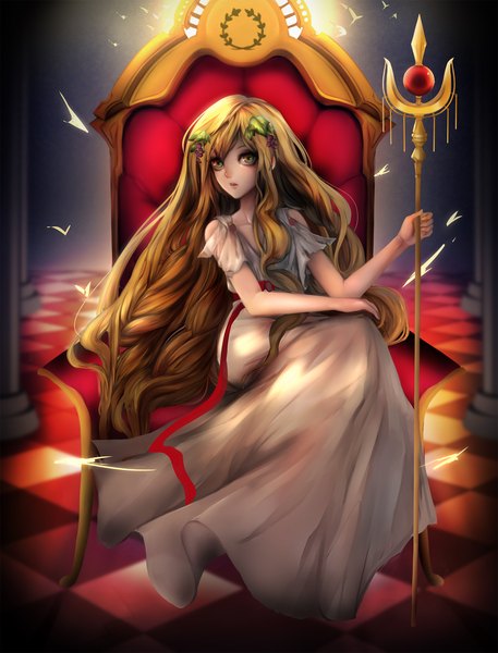 Anime picture 1800x2363 with magi the labyrinth of magic a-1 pictures scheherazade (magi) zorafi single long hair tall image highres open mouth blonde hair green eyes checkered floor floor girl dress ribbon (ribbons) white dress staff throne