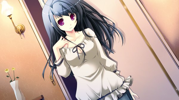 Anime picture 1280x720 with end sleep tagme (character) single long hair looking at viewer black hair wide image purple eyes game cg girl flower (flowers) shirt lamp