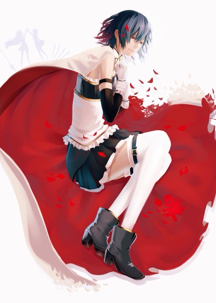 Anime picture 1536x2148 with mahou shoujo madoka magica shaft (studio) miki sayaka gonzales (kakaaaannn) single tall image fringe short hair smile blue hair bent knee (knees) eyes closed light smile high heels on side girl thighhighs gloves petals white thighhighs