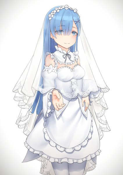 Anime picture 1057x1500 with re:zero kara hajimeru isekai seikatsu white fox rem (re:zero) hakugei (re:zero) yomena single long hair tall image looking at viewer blush fringe breasts blue eyes simple background standing white background blue hair cleavage blunt bangs light smile