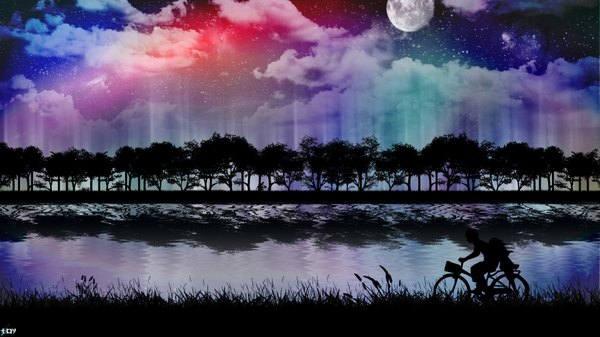 Anime picture 1920x1080 with original toyboj highres wide image cloud (clouds) night sky light reflection landscape scenic river girl boy plant (plants) tree (trees) star (stars) full moon ground vehicle bicycle
