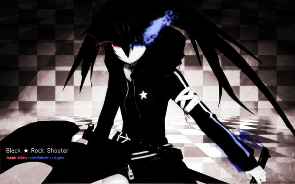 Anime picture 1680x1050 with black rock shooter black rock shooter (character) single long hair looking at viewer black hair wide image twintails inscription heterochromia glowing glowing eye (eyes) checkered background girl weapon sword katana cloak