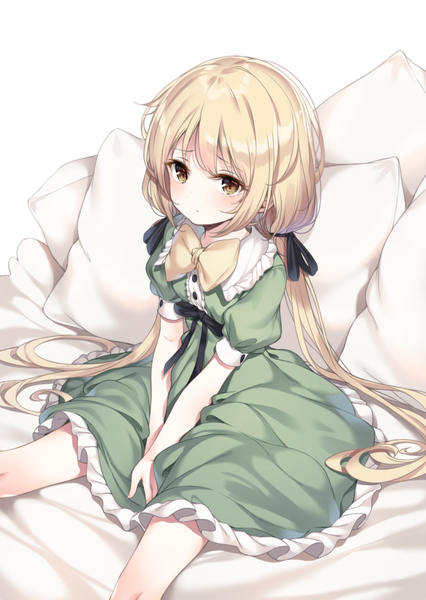 Anime picture 923x1300 with original yaya (yayaa 00) single long hair tall image looking at viewer blush fringe simple background blonde hair white background sitting twintails yellow eyes blunt bangs puffy sleeves low twintails frilled dress between legs girl