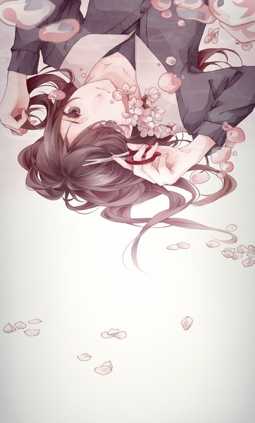 Anime picture 1000x1654 with original sekiyu single long hair tall image fringe simple background brown hair lying hair over one eye on back grey eyes tears upside down girl flower (flowers) petals bubble (bubbles) scissors