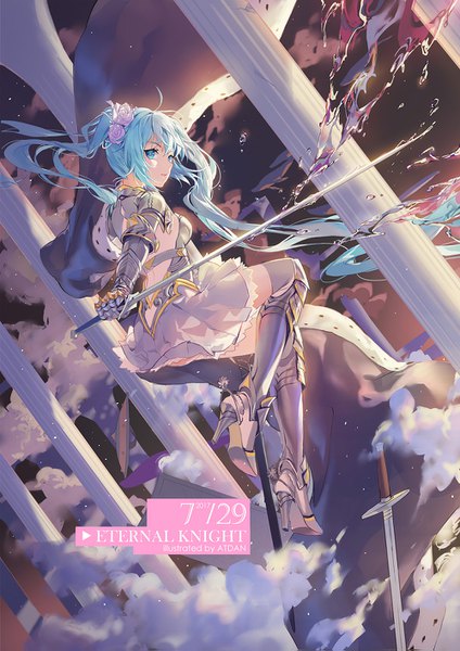 Anime picture 1000x1415 with vocaloid hatsune miku atdan single tall image blue eyes twintails signed blue hair cloud (clouds) full body ahoge very long hair looking back hair flower high heels dutch angle dated weightlessness 2017