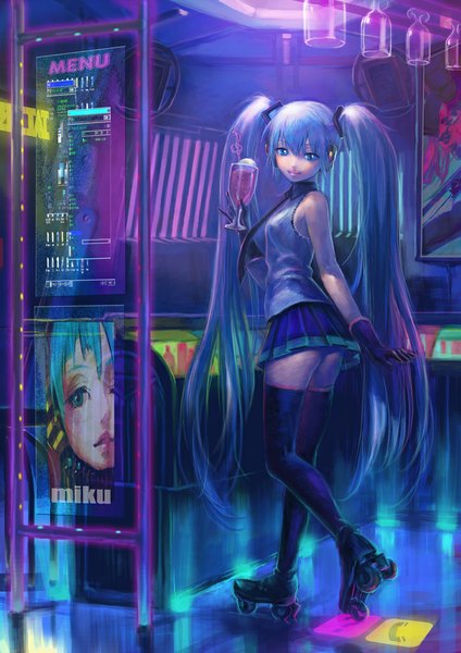 Anime picture 723x1023 with vocaloid hatsune miku yurinko (artist) single tall image looking at viewer fringe blue eyes light erotic twintails ass very long hair pleated skirt light smile aqua hair girl skirt gloves miniskirt black gloves