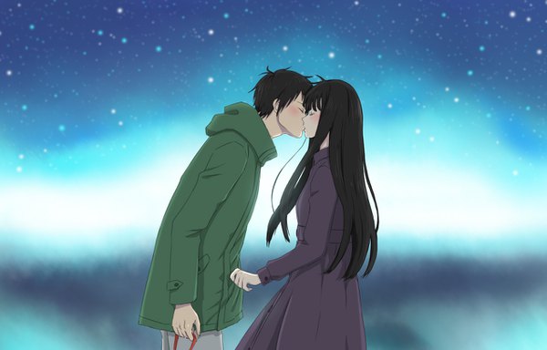 Anime picture 1280x820 with kimi ni todoke production i.g kuronuma sawako kazehaya shouta wanyu long hair blush short hair black hair outdoors eyes closed night couple kiss girl boy star (stars) coat