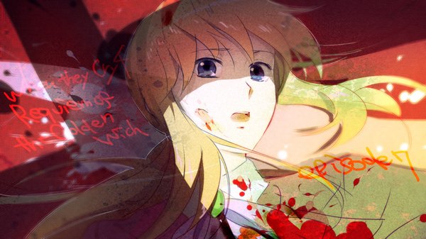 Anime picture 1120x630 with umineko no naku koro ni ushiromiya lion kaisen single long hair open mouth blue eyes blonde hair wide image lying low ponytail blood on face androgynous bloody clothes ranguage engrish boy blood teardrop