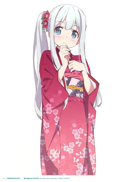 Anime picture 2105x3000 with eromanga sensei a-1 pictures izumi sagiri kanzaki hiro single long hair tall image looking at viewer blush fringe highres blue eyes simple background standing white background white hair long sleeves traditional clothes japanese clothes hair flower