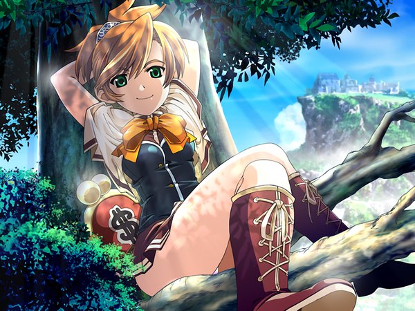 Anime picture 1200x900 with edelweiss brown hair green eyes game cg pantyshot sitting girl