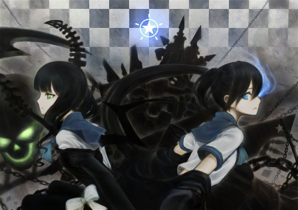 Anime picture 2000x1414 with black rock shooter black rock shooter (character) dead master long hair highres short hair blue eyes black hair twintails multiple girls green eyes horn (horns) glowing short twintails glowing eye (eyes) checkered checkered background girl weapon 2 girls