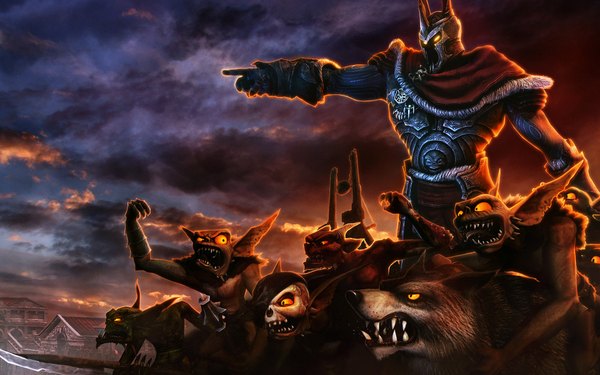 Anime picture 1920x1200 with overlord (game) overlord ii (game) highres wide image yellow eyes sky cloud (clouds) pointy ears official art teeth fang (fangs) evening cropped animal armor helmet monster wolf goblin