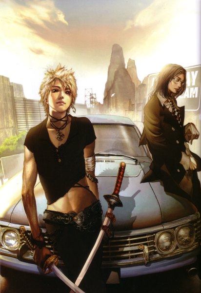 Anime picture 2060x3000 with juno jeong (artist) tall image highres short hair blonde hair red eyes brown hair realistic boy sword glasses katana pendant bandage (bandages) ground vehicle car