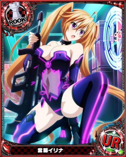Anime picture 640x800 with highschool dxd shidou irina single tall image breasts open mouth light erotic brown hair large breasts twintails purple eyes bare shoulders looking away very long hair card (medium) girl thighhighs weapon black thighhighs gun