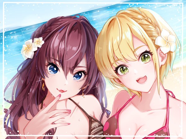 Anime picture 1200x900 with idolmaster idolmaster cinderella girls ichinose shiki miyamoto frederica magako long hair looking at viewer fringe short hair breasts open mouth blue eyes blonde hair hair between eyes brown hair multiple girls green eyes nail polish head tilt :d