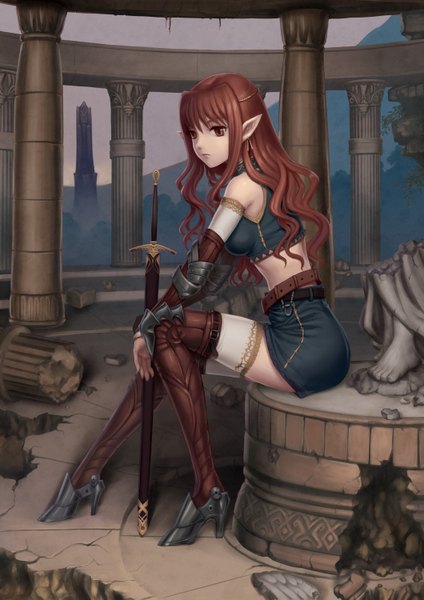Anime picture 1060x1500 with original youbou long hair tall image red eyes brown hair sitting pointy ears elf ruins girl sword armor pillar column