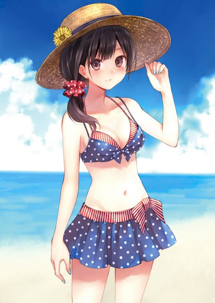 Anime picture 708x1000 with original fukahire (ruinon) single long hair tall image looking at viewer blush black hair brown eyes sky cloud (clouds) beach girl navel swimsuit hat bikini
