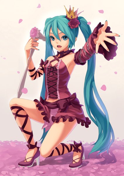 Anime picture 1400x1980 with vocaloid romeo to cinderella (vocaloid) hatsune miku fkey single tall image open mouth twintails very long hair aqua eyes aqua hair girl dress ribbon (ribbons) detached sleeves petals chain crown microphone stand