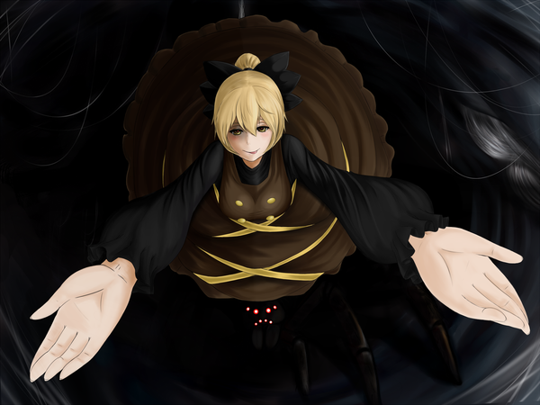 Anime picture 2048x1536 with touhou kurodani yamame kasu-pan (artist) single highres short hair blonde hair yellow eyes outstretched arm looking up girl dress spider