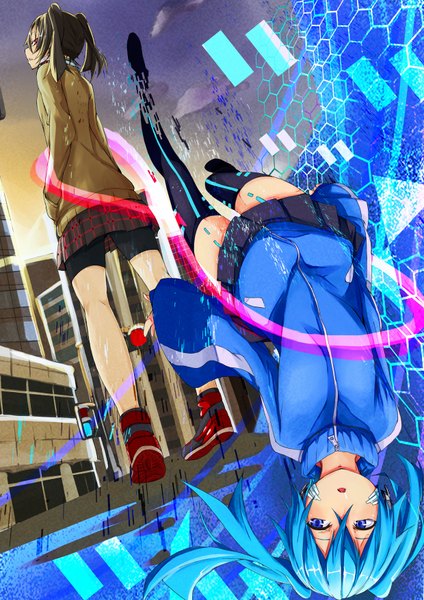 Anime picture 1240x1754 with kagerou project shaft (studio) ene (kagerou project) enomoto takane fu-ta long hair tall image fringe open mouth blue eyes black hair standing blue hair looking away long sleeves pleated skirt wide sleeves zettai ryouiki back hands in pockets