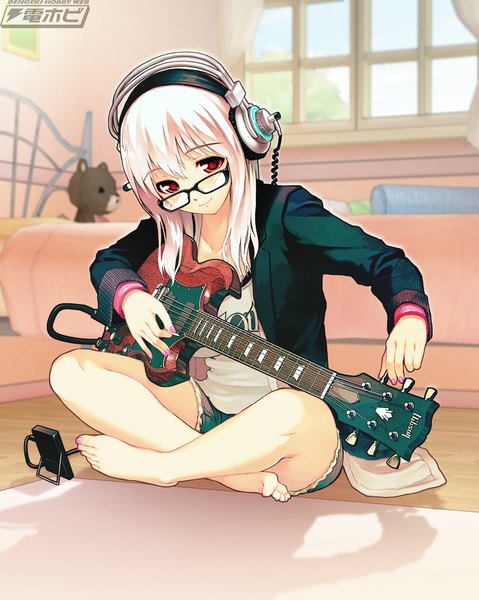 Anime picture 800x1002 with nitroplus super sonico tsuji santa single long hair tall image looking at viewer fringe smile hair between eyes red eyes sitting pink hair full body bent knee (knees) indoors nail polish barefoot open clothes shadow