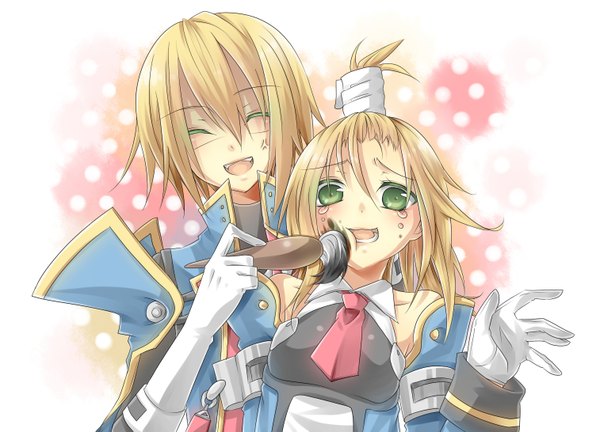 Anime picture 1513x1091 with blazblue noel vermillion jin kisaragi tagme (artist) long hair blush short hair open mouth blonde hair bare shoulders green eyes eyes closed tears crying anger vein hair grab girl boy gloves uniform