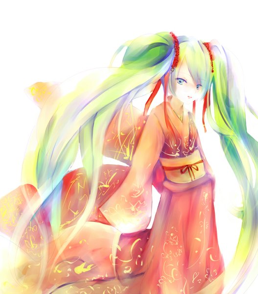 Anime picture 898x1023 with vocaloid hatsune miku rururu. single tall image looking at viewer blue eyes simple background white background twintails very long hair traditional clothes japanese clothes green hair wind girl hair ornament kimono