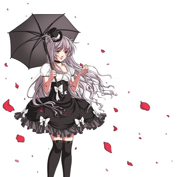 Anime picture 1125x1125 with original eflunn (emilylunn) single long hair fringe simple background standing white background holding silver hair very long hair hair flower light smile wind grey hair grey eyes looking down wavy hair silver eyes goth-loli