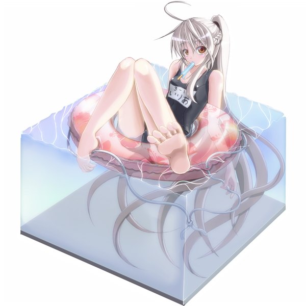 Anime picture 1800x1800 with original amino dopple (artist) single long hair highres light erotic simple background red eyes white background ahoge white hair ponytail barefoot legs afloat girl swimsuit food sweets one-piece swimsuit