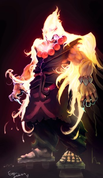 Anime picture 1800x3095 with league of legends udyr (league of legends) single tall image looking at viewer highres fingernails dark background long fingernails boy belt beads phoenix