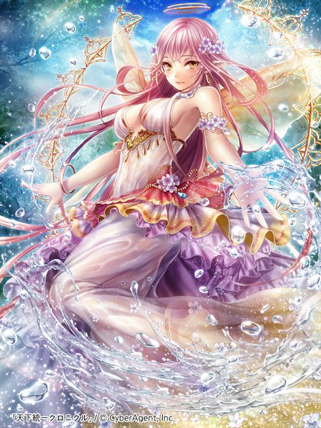 Anime picture 600x800 with original kempin single long hair tall image looking at viewer breasts yellow eyes pink hair pointy ears girl dress hair ornament flower (flowers) water
