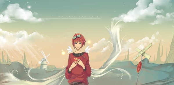 Anime picture 5100x2504 with original gasara highres short hair wide image absurdres cloud (clouds) red hair black eyes inscription boy glasses pendant feather (feathers) traffic sign directional arrow windmill