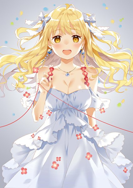 Anime picture 660x933 with original rie (reverie) single long hair tall image looking at viewer blush open mouth simple background blonde hair brown eyes two side up gradient background girl dress flower (flowers) ribbon (ribbons) hair ribbon thread red thread
