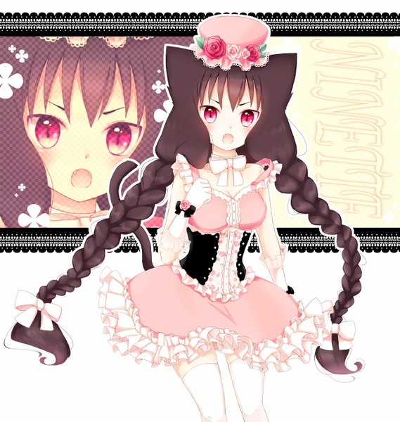 Anime picture 1317x1389 with original goma (11zihisin) tall image open mouth twintails animal ears braid (braids) animal tail pink eyes twin braids zoom layer girl thighhighs dress bow hat white thighhighs