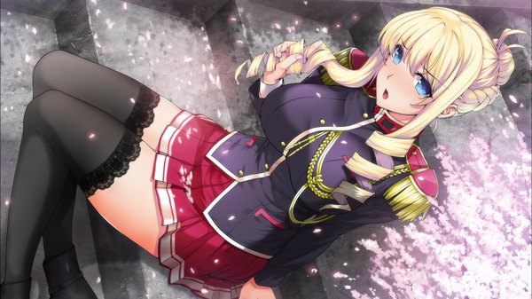 Anime picture 1920x1080 with walkure romanze bertille althusser katsurai yoshiaki long hair blush highres open mouth blue eyes blonde hair wide image cherry blossoms drill hair girl thighhighs skirt black thighhighs plant (plants) petals tree (trees)