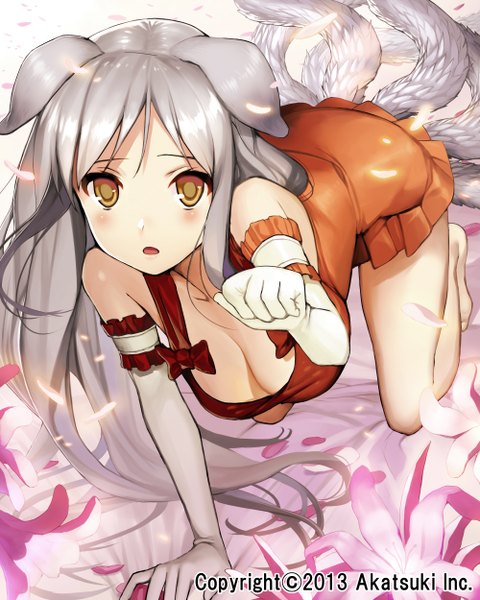 Anime picture 2000x2500 with gaou (umaiyo puyoman) single long hair tall image looking at viewer blush highres open mouth light erotic bare shoulders brown eyes animal ears cleavage silver hair animal tail barefoot girl dress gloves elbow gloves