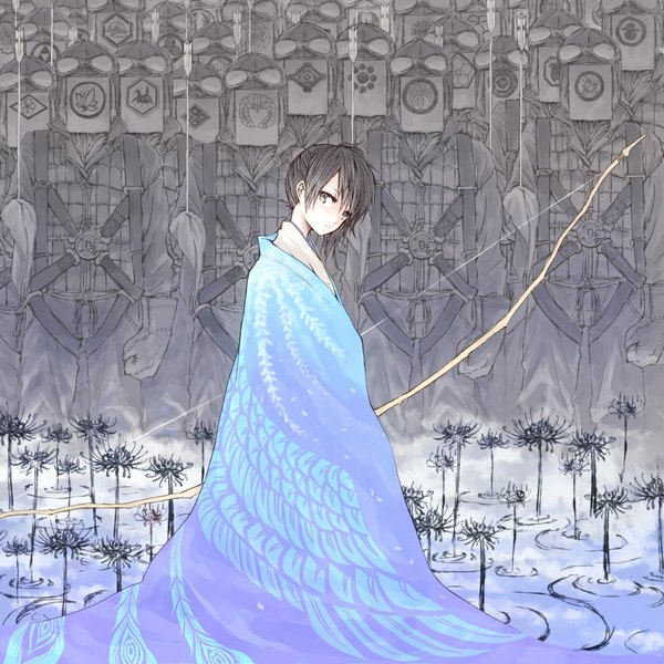Anime picture 1000x1000 with kantai collection kaga aircraft carrier re:chaen long hair looking at viewer fringe black hair standing ponytail black eyes side ponytail warrior girl flower (flowers) weapon water cape feather (feathers) huge weapon bow (weapon)