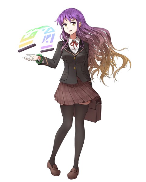 Anime picture 1600x2000 with touhou hijiri byakuren minust single long hair tall image looking at viewer fringe open mouth simple background smile brown hair white background holding yellow eyes purple hair full body long sleeves pleated skirt multicolored hair