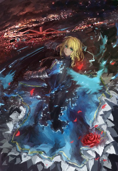 Anime picture 1000x1450 with fate (series) fate/stay night fate/zero studio deen type-moon artoria pendragon (all) saber lechat long hair tall image blonde hair green eyes looking back torn clothes cityscape girl flower (flowers) armor