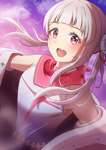 Anime picture 2894x4093 with hello!!! love live! sunrise (studio) love live! arashi chisato ninben (ninben 2892) single long hair tall image looking at viewer blush fringe highres breasts open mouth smile twintails bare shoulders cloud (clouds) upper body white hair