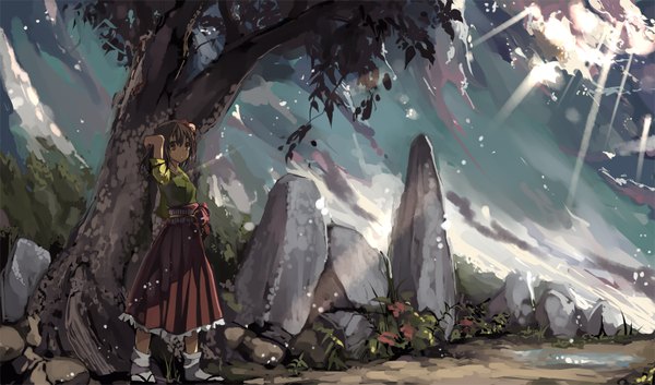 Anime picture 1544x910 with touhou hieda no akyuu shimadoriru single short hair red eyes brown hair wide image sky cloud (clouds) traditional clothes japanese clothes hair flower sunlight girl hair ornament flower (flowers) plant (plants) tree (trees) stone (stones)