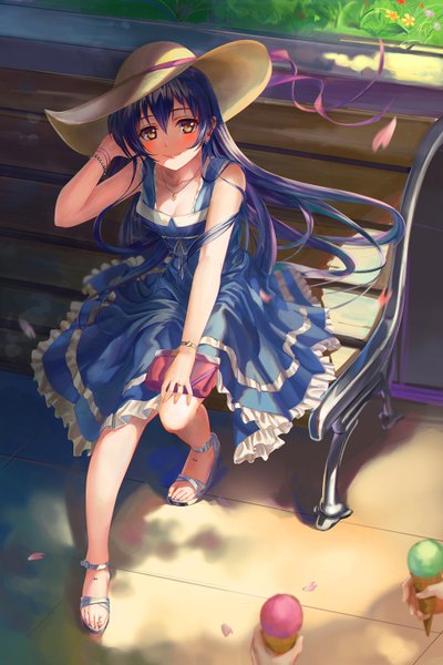 Anime picture 1000x1500 with love live! school idol project sunrise (studio) love live! sonoda umi ushas single long hair tall image looking at viewer blush fringe hair between eyes yellow eyes blue hair full body from above wind sleeveless arm behind head hand on knee