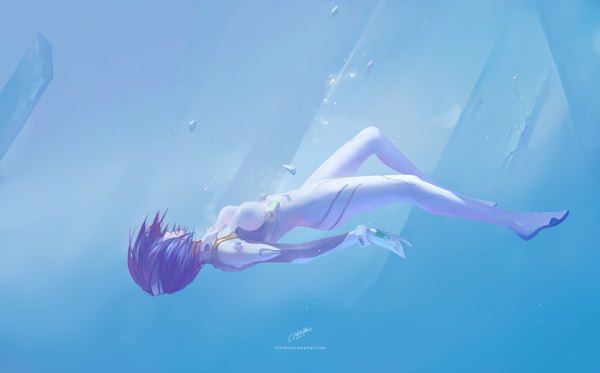 Anime picture 1600x996 with neon genesis evangelion rebuild of evangelion evangelion: 2.0 you can (not) advance gainax ayanami rei chenbo single fringe short hair simple background wide image signed blue hair lips blue background underwater falling bandage over one eye girl water