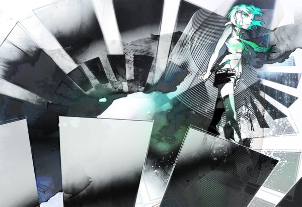 Anime picture 1969x1353 with vocaloid kagamine rin kazune (baumkuchen) single looking at viewer highres short hair smile bare shoulders aqua eyes aqua hair sleeveless monochrome hands behind back lacing girl thighhighs navel hair ornament black thighhighs