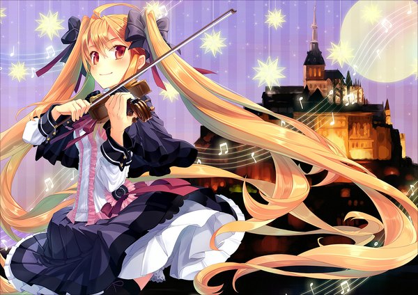 Anime picture 1117x790 with original yashiro seika single long hair blush blonde hair red eyes twintails girl dress star (stars) musical instrument castle violin bow (instrument)