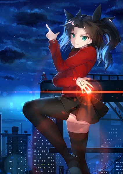Anime picture 1180x1668 with fate (series) fate/stay night type-moon toosaka rin archer (fate) qys3 long hair tall image short hair black hair sitting twintails green eyes sky cloud (clouds) bent knee (knees) white hair night lens flare city