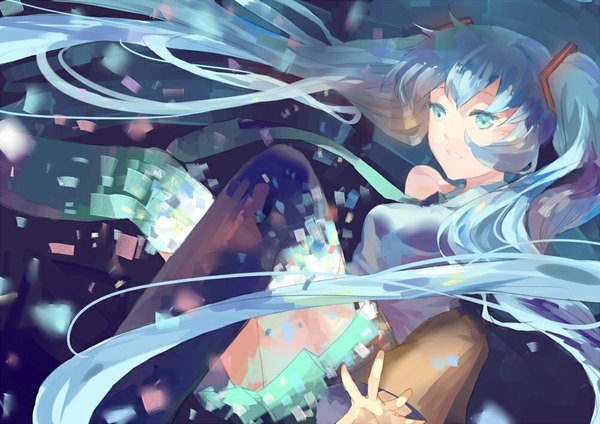 Anime picture 1000x707 with vocaloid hatsune miku shinta hoshi-to single long hair twintails bare shoulders looking away aqua eyes aqua hair girl thighhighs ribbon (ribbons) hair ribbon detached sleeves necktie