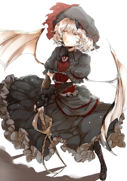 Anime picture 1295x1839 with touhou remilia scarlet neichiru single tall image short hair smile white background silver hair bat wings girl dress gloves weapon hat sword wings shoes thigh boots jewelry